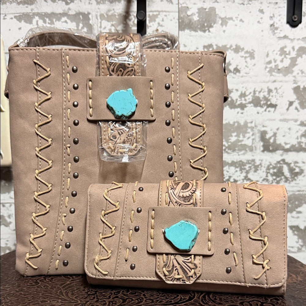 Montana West Taupe Tote and Wallet Set with Turquoise Accent